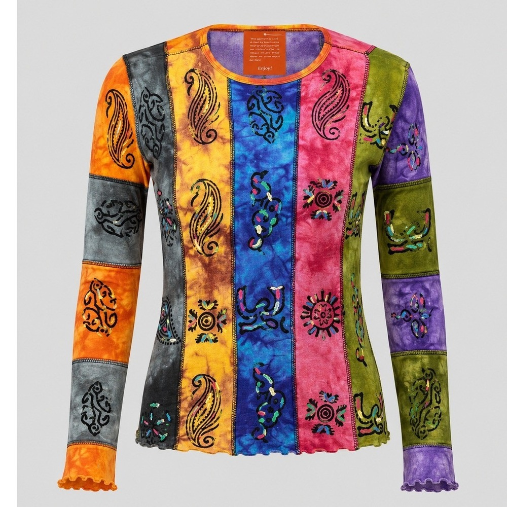 Vintage Y2K KPC Nepal Patchwork Boho Hippie Tie‎ Dye Cotton Top Womens M NWT